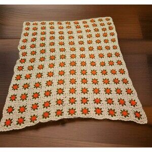 Vintage Handmade Crochet Blanket HUGE Comforter 102"x91" Beige Orange Floral